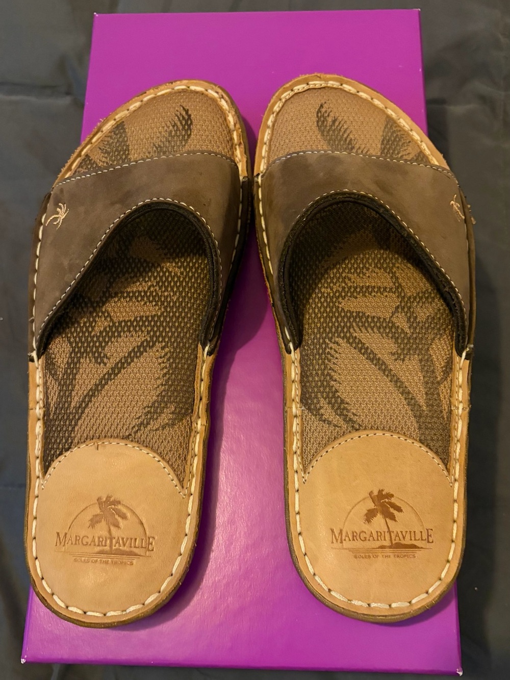 Margaritaville Soles of the Tropics Brown Slide Sandals with Palm Insole. - Picture 2 of 4